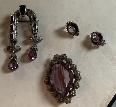 Vtg Sterling Marcasite GEM Quality AMETHYST ONYX  BROOCH Earrings FEBRUARY • $54