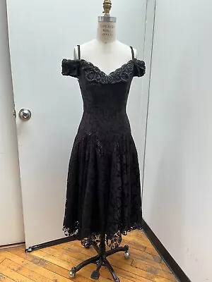 Vintage Zum Zum Formal Black Lace Beaded Off Shoulder Dress Sz 5/6 Tea Length • $50