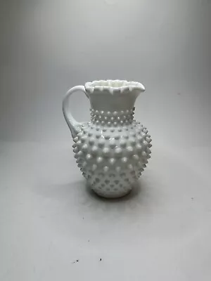 Vintage Fenton Glass Hobnail Pitcher White Milk Glass Crimped Top 6in UnMarked • $14