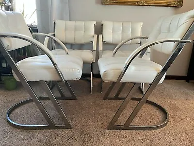 (4) Chrome Z-Frame White Milo Baughman Dining Chairs - Thayer Coggin Cantilever • $400