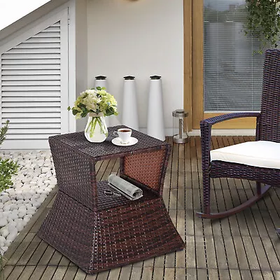 Rattan Side Table Outdoor Tea Coffee With Umbrella Hole For Bistro Patio Garden • £42.99