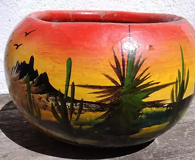 VTG Mexican Pottery Hand Painted Scene Pot Planter Round Orange Cactus Sunset • $39.99