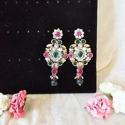 Indian Jewellery: Gold Statement Earrings With Pink Green And Silver Stone • $60