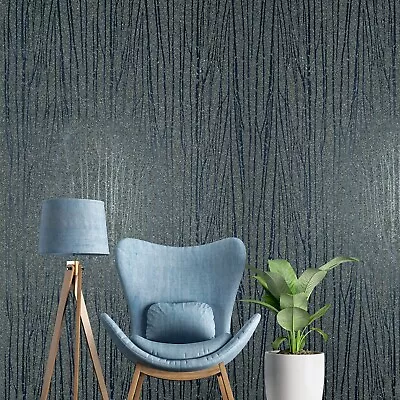 Zebra Lines Mica Sparkle Vermiculite Navy Blue Gray Metallic Natural Wallpaper • $245