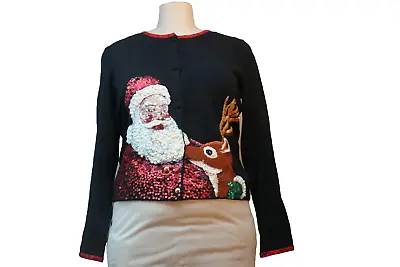Christmas Cardigan Black Michael Simon Santa Embroidered Size Small • $80