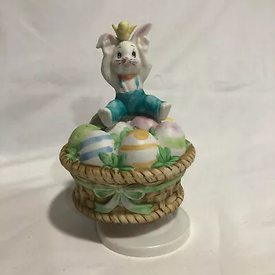 Vintage Brinn's Easter Rotating Music Box Porcelain-Bunny Sitting On Egg Basket • $12.99