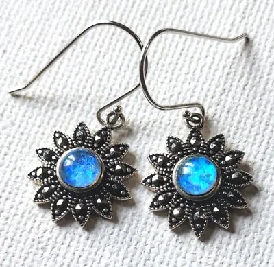 Vintage 925 Sterling Silver Blue Fire Opal Marcasite Flower Earrings • $44
