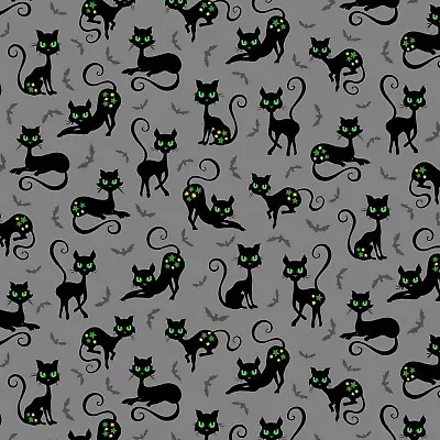 Feline Drive Fabric TRICK OR TREAT Black Cats Gray Fat Quarter (18 X22 ) FQ • $3.60