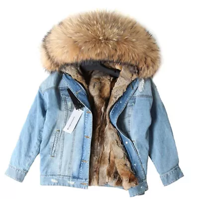 Women Real Raccoon Fur Collar Cowboy Parka Jacket Loose Thick Rabbit Inner Coat • $211.35