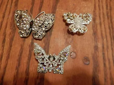 3 Butterfly Rhinestone & Bead Crystal Glass Brooches • $27