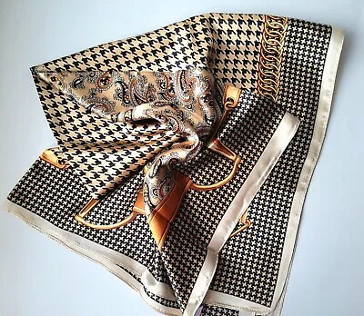 NEW Satin Square Scarf Imitation Silk Equestrian Brown Paisley Houndstooth 35  • $22.99