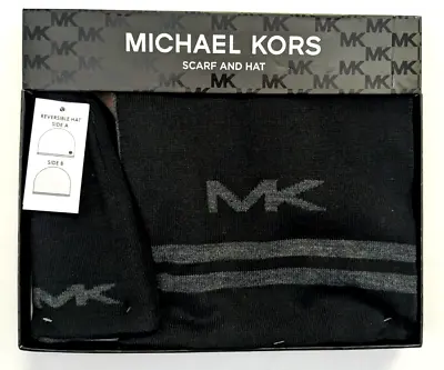 NEW Michael Kors Scarf And Reversible Hat Set Box NEW Black Gray • $24.99