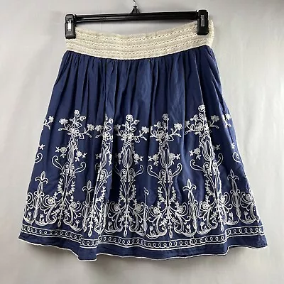 Metro Wear Skirt Women's Large Navy Elastic Waist Lined Embroidered Floral Boho • $11.90