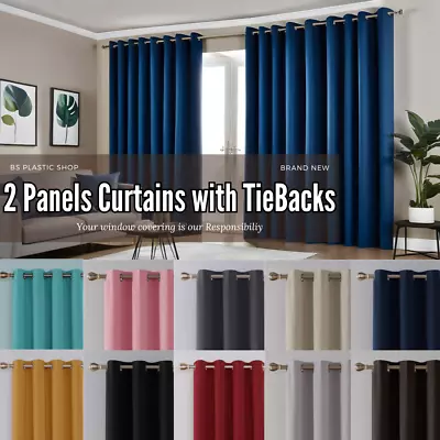 Thermal Blackout Curtains Thick Eyelet Ring Top Curtain Panel Ready Made Pair • £19.30