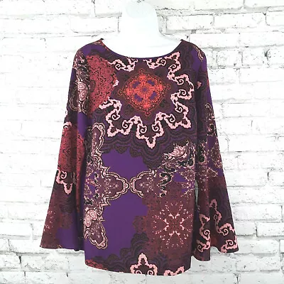 ECI New York Top Womens Medium Purple Geometric Bell Sleeve Keyhole Boho Hippie • $12.59