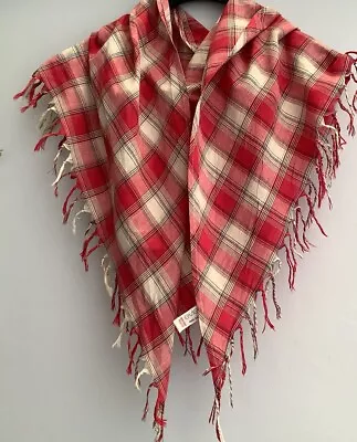 Ladies Red Pink Silver Check Triangle Scarf Neckerchief With Tassels Vgc Cotton • £4.50