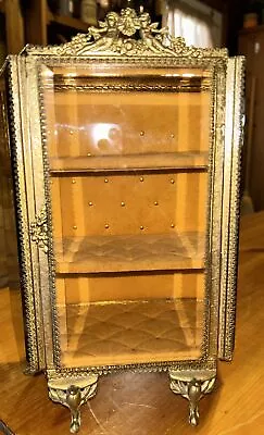 Rare Vintage Display Brass Ormolu Amber Glass Jewelry Cabinet Casket • $435