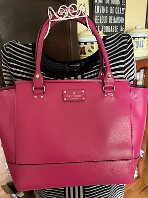 KATE SPADE Black Pebbled Leather Large Tote Bag HOT PINK FUN! • £62.67