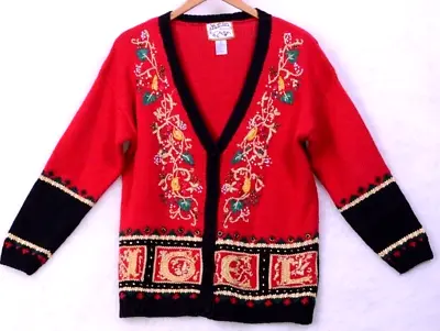 Vtg Christmas Sweater Women Small Red Party Host Cardigan NOEL Cardigan Heirloom • $14