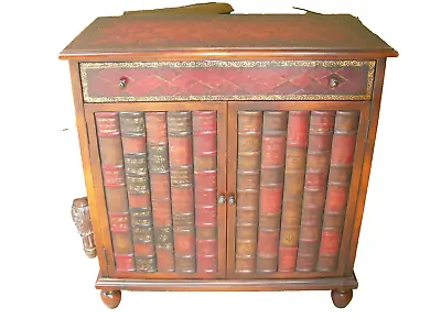 Theodore Alexander Gilt Tooled Woven Leather Faux Book Mahogany Storage Cabinet • $1699