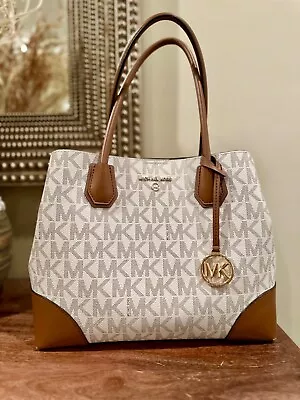 Michael Kors Mercer Gallery Medium Logo Satchel   Vanilla/Acorn • $75