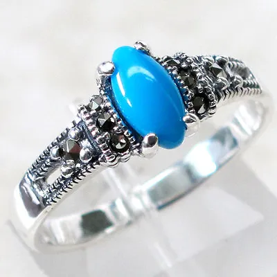 Stylish  Marcasite Turquoise 925 Sterling Silver Ring Size 5-10 • $19.99