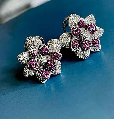 1ct Ruby Diamond Earrings In 18ct White Gold Rose Flower Studs Leverback Hoops • £1659