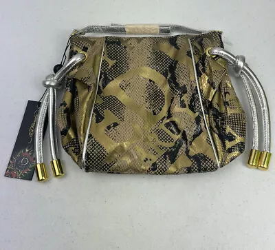 ED HARDY Metallic Gold Snakeskin Logo Silver Leather Trim Shoulder Bag NWT • $25.50