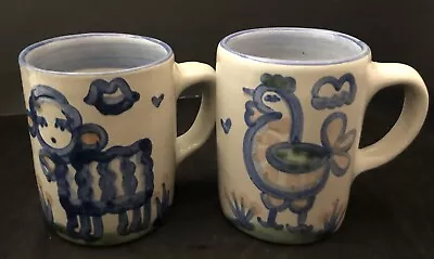 Set Of 2 M.A. Hadley Pottery Hand Painted Folk Art Country LAMB & CHICKEN MUGS • $39.99