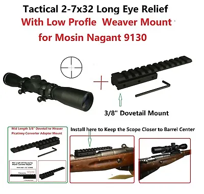 Mosin Nagant 2-7x32 Long Eye Relief Scope W Low Profile M44 M91 30 Scout Mount • $69.99
