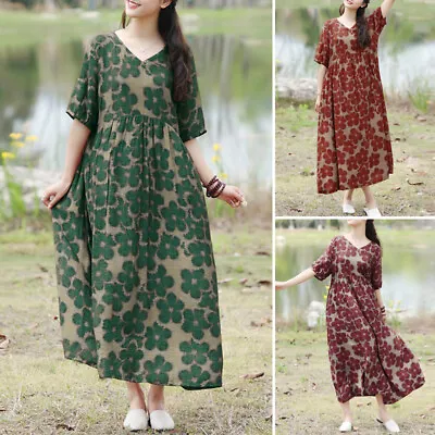 ZANZEA Women V-Neck Short Sleeve Floral Print Loose Sundress Long Dress Kaftan • $26.39