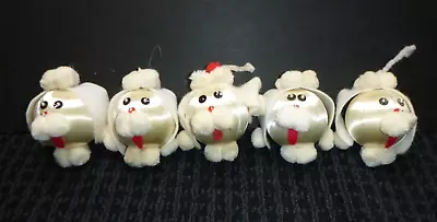 $24 • Buy Lot Of 5 Vtg 60s Satin Ball Felt Pom Sequin Poodle Dog Christmas Ornaments 2.5 