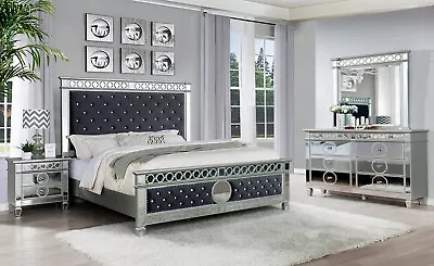 NEW Modern 4PC Gray Velvet Mirrored Queen King Bedroom Set Furniture Bed/D/M/N • $1799.99