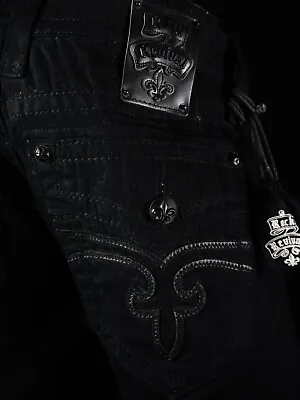 $220 Mens Rock Revival Jeans  Jack  Jet Black Leather Inserts Straight 36 X 29 • $99.99