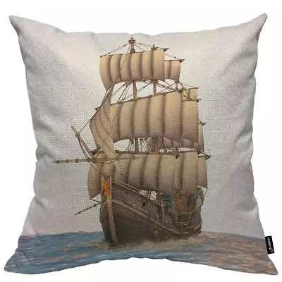 Boat Cotton Linen Throw Pillow Case Vintage Wooden Tall Ship Ocean Boat Adven... • $17.19