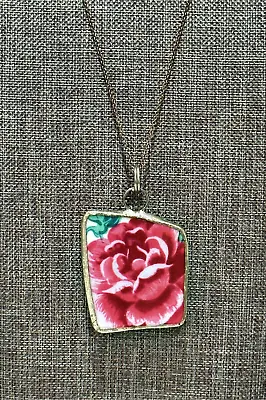 Pink Rose Floral Broken Pottery China Shard Pendant Necklace Soldered Vintage • $17.88