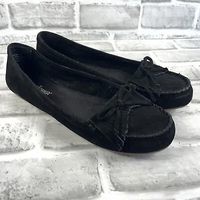 Minnetonka Kilty Women's Size 8 Black Suede Hard Sole Moccasin Comfort Shoes • $28.95