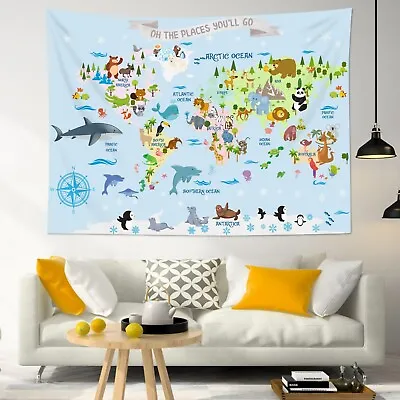 $15.39 • Buy Cartoon Wild Animal World Map Tapestry For Bedroom Colleague Dorm Home Decor