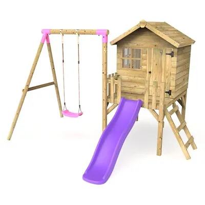 £759.95 • Buy Rebo Orchard 4FT X 4FT Wooden Playhouse + Swings, 900mm Deck & 6FT Slide - Solar