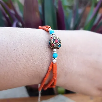 Turquoise And Coral Jewelry 925 Sterling Silver Antique Tibetan Bracelet-E30 • $19.66