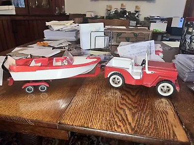 Vintage 1965 Red Tonka Jeep Toronto CA Model W Trailer & Boat - Boat AS IS • $389