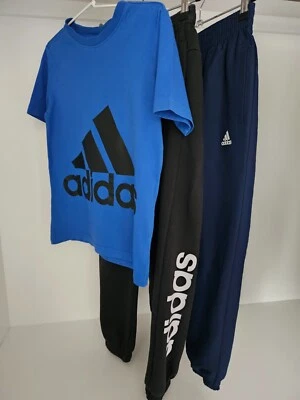 $30 • Buy Adidas Boys Track Pants (Size 9-10Y)-1 Black And 1 Navy(Polyester) + T-shirt 