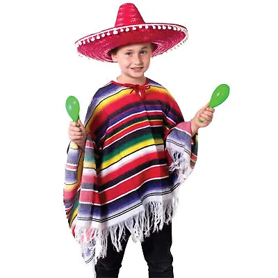 Childs Mexican Heavy Poncho Mexico Party Wild West Fancy Dress Multi Coloured • £10.99