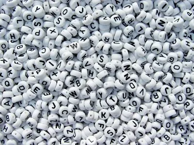 100 White W/Black Letter 7mm Disc Shape Alphabet Beads Multi Pack Or Choose A-Z • $1.49