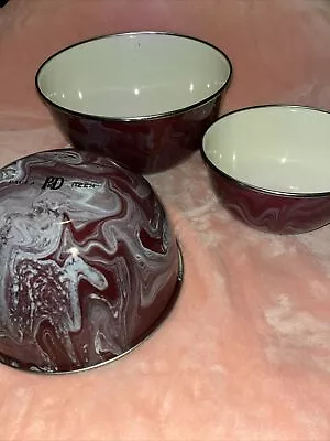 Paula Deen Set Of 3 Bowls Metal Enamel Ware Dark  Burgundy Swirl • $14