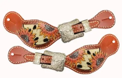Showman Ladies Leather Spur Straps W/ Painted Sunflowers & Cowhide • $27.95