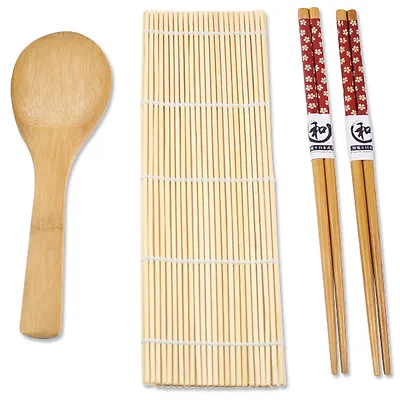 Natural Brown Bamboo Mat With Rice Paddle 2 Pairs Of Chopsticks Sushi Maker Set  • $7.99