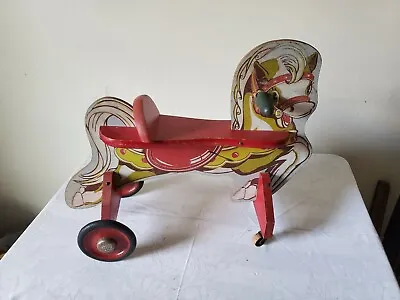 Vintage Child's Toy Ride On Horse Cass 22  Long On Wheels Western Decor  • $24.99