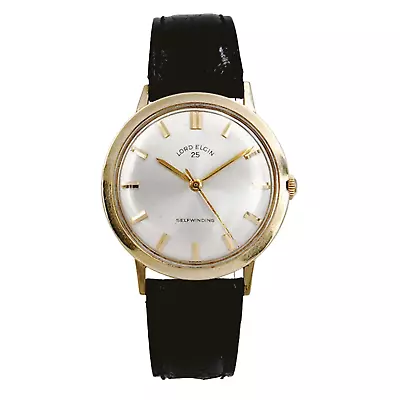 1950's Men's Lord Elgin 25 Vintage 14K Gold Automatic Watch W/Black Leather Band • $1395