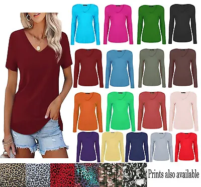 Ladies Womans Basic Long Sleeve Plain V Neck Stretch Top T Shirt Plus Size 8-26 • £7.99